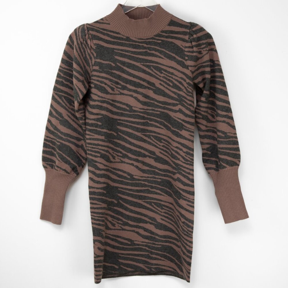 Heartloom Lari Dress Mini Tiger Print Jacquard Knit Long Sleeve Brown XS New - Picture 2 of 8